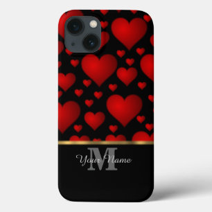 Black and red monogram love heart pattern iPhone 13 case