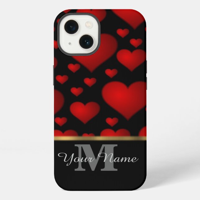 Black and red monogram love heart pattern iPhone case (Back)