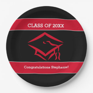 Black and Red Mortarboard Graduation Party Paper Plate