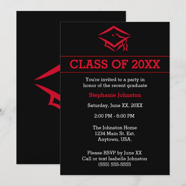 Black and Red Mortarboard Simple Graduation Party Invitation (Front/Back)