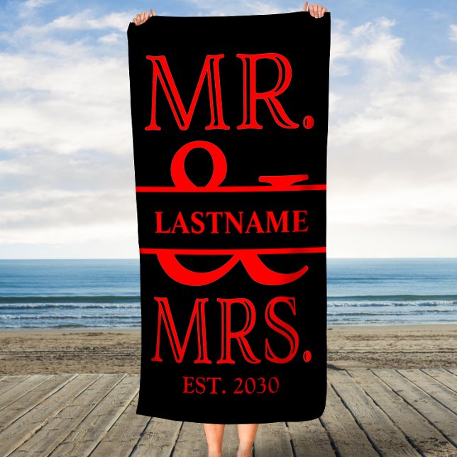 Black and Red Mr. Mrs. Personalised Beach Towel (Creator Uploaded)