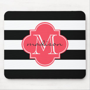 Black and Red Nautical Stripes Custom Monogram Mouse Mat