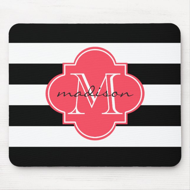 Black and Red Nautical Stripes Custom Monogram Mouse Mat (Front)