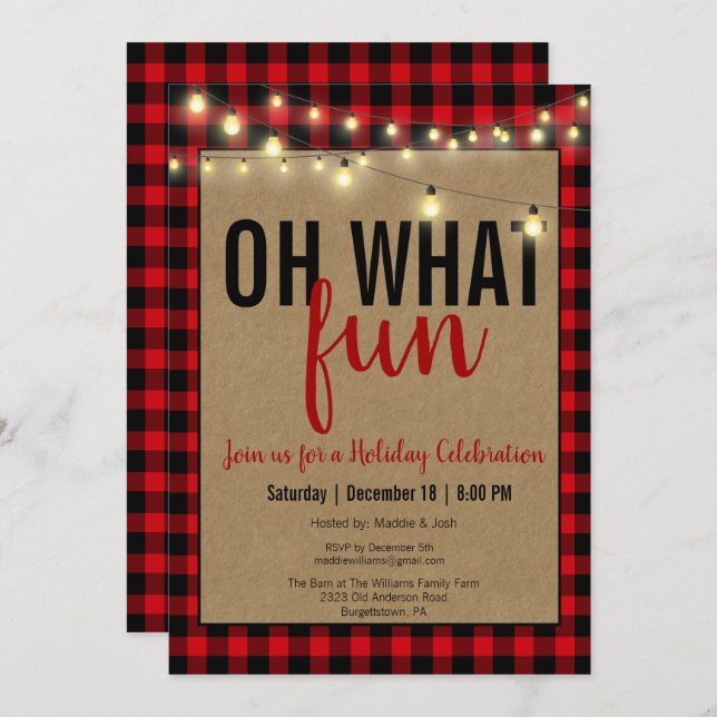 Black and Red Oh What Fun Buffalo Plaid Party Invitation (Front/Back)