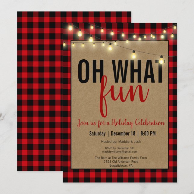Black and Red Oh What Fun Buffalo Plaid Party Invitation (Front/Back)