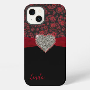 Black and Red Paisley with Diamond Heart iPhone 13 Case