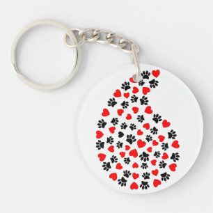 Black And Red Paw Print And Hearts Paisley Print Key Ring
