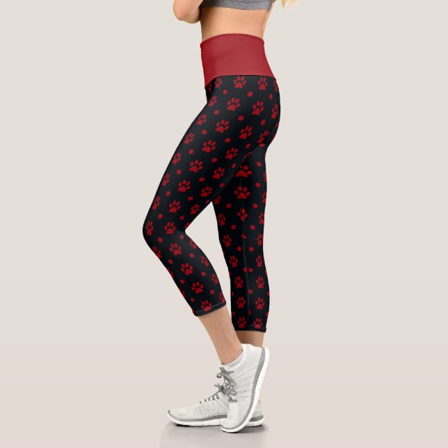 Black and Red Paw Prints and Polka Dots Pattern Capri Leggings (Left)