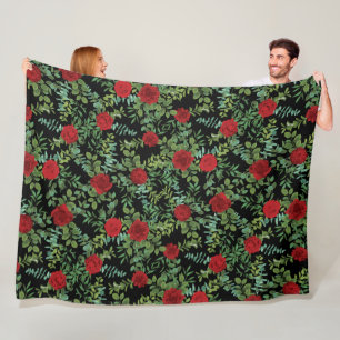 Black and Red Peony Rose Floral Wedding Fleece Blanket