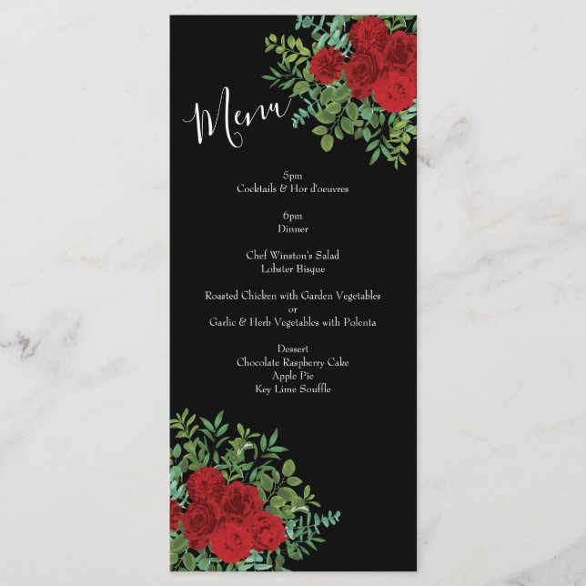 Black and Red Peony Rose Floral Wedding Menu (Front)