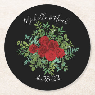 Black and Red Peony Rose Floral Wedding Round Paper Coaster