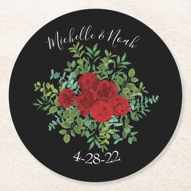 Black and Red Peony Rose Floral Wedding Round Paper Coaster (Front)