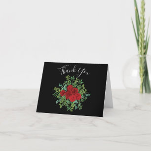 Black and Red Peony Rose Floral Wedding Thank You Card