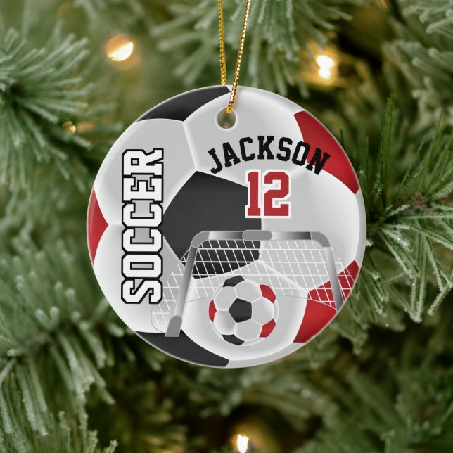 Black and Red Personalize Soccer Ball Ceramic Tree Decoration (Tree)