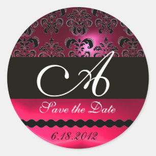 BLACK AND RED PINK FUCHSIA  RUBY DAMASK MONOGRAM, CLASSIC ROUND STICKER