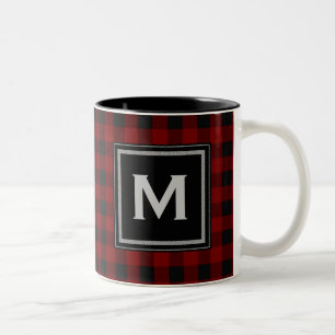 Black and Red Plaid Monogram Two-Tone Coffee Mug