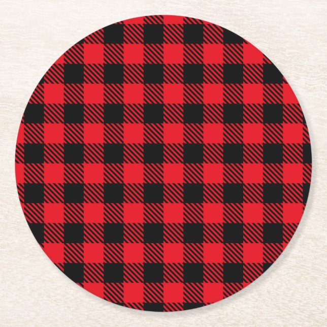 Black and Red Plaid Round Paper Coaster (Front)