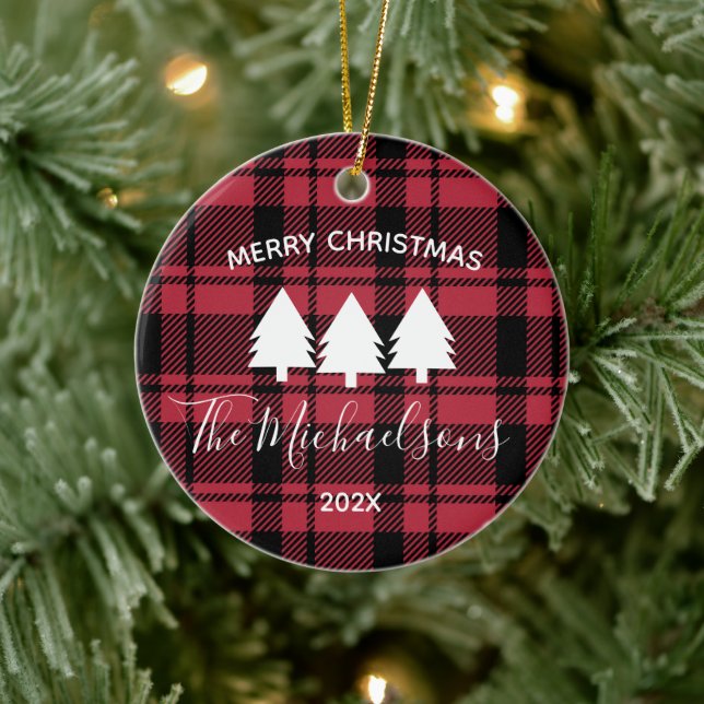 Black and Red Plaid with Monogram Name Photo   Ceramic Tree Decoration (Tree)