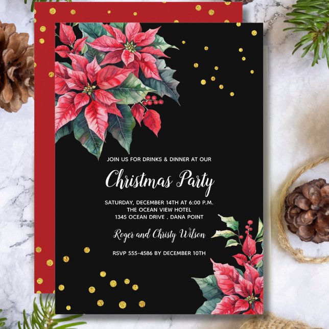 Black and red Poinsettia flower Christmas party Invitation (Creator Uploaded)