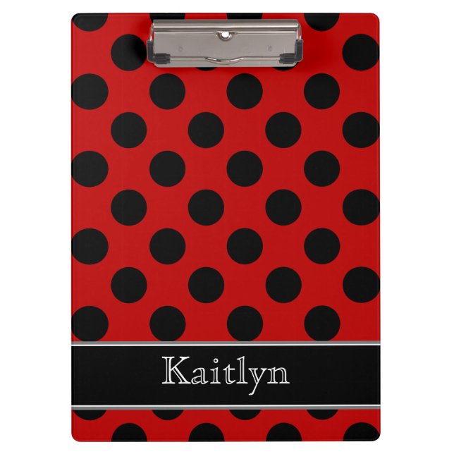 Black and Red Polka Dots Personalised Clipboard (Front)