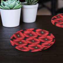 Black and Red Poppy Floral Pattern Paper Plates