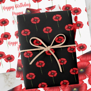Black and Red Poppy Flower Pattern Birthday Wrapping Paper Sheet