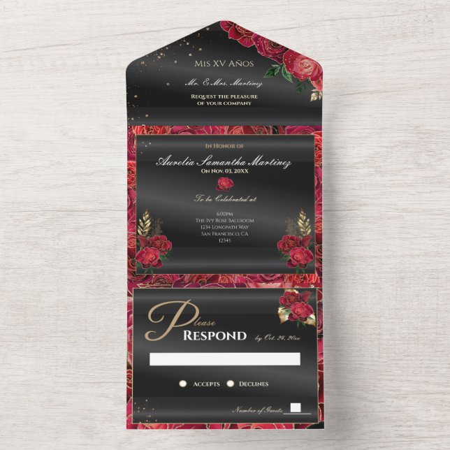 Black and Red Quinceañera Affordable Invitations (Inside)