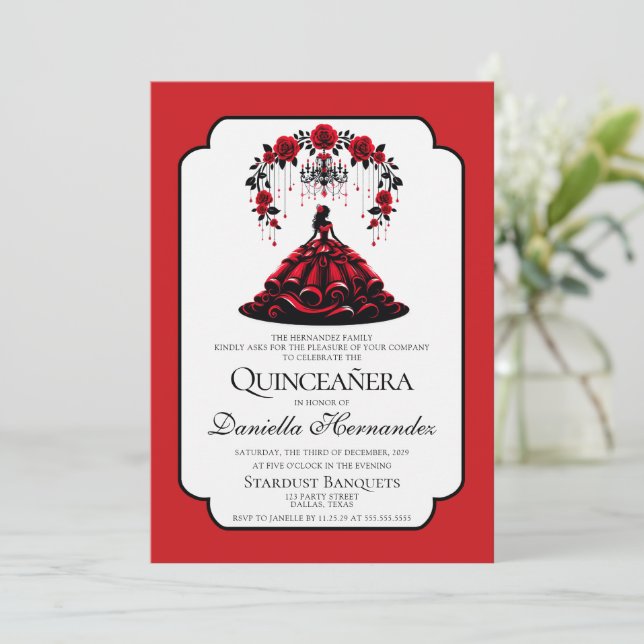 Black and Red Quinceañera Invitation (Standing Front)