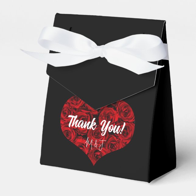 Black and Red Roses Heart Wedding Thank You Favour Box (Front Side)