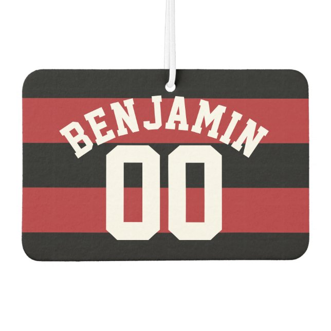 Black and Red Rugby Stripes Name Number Car Air Freshener (Front)