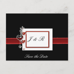 black and red save the date announcement postcard
