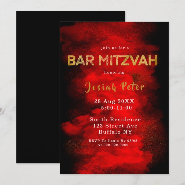 Black and Red Smoke Bar Mitzvah Invitations (Front/Back)