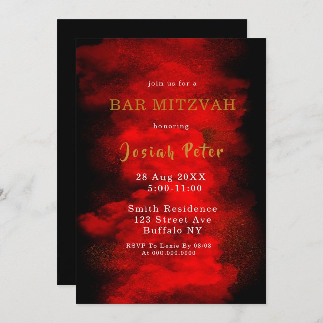Black and Red Smoke Bar Mitzvah Invitations (Front/Back)