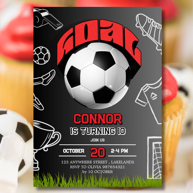 Black and Red Soccer Ball Birthday Party  Invitation (Creator Uploaded)