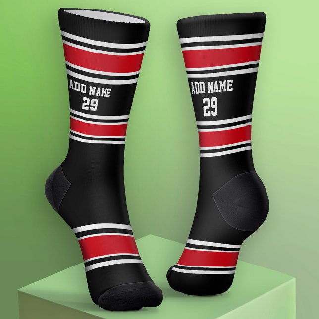 Black and Red Sport Jersey Stripes - Name Number Socks (Custom Sport Socks - Add Jersey Name and Number)
