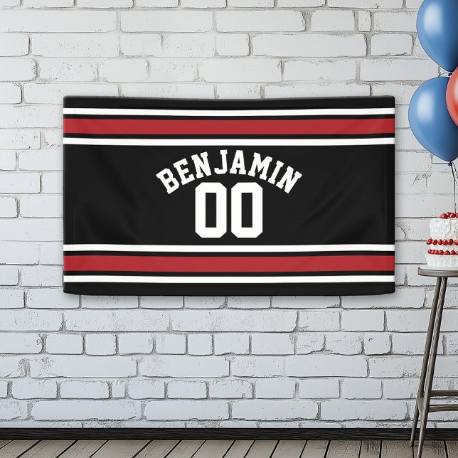 Black and Red Sports Jersey Custom Name Number Banner (Custom Birthday Banner)