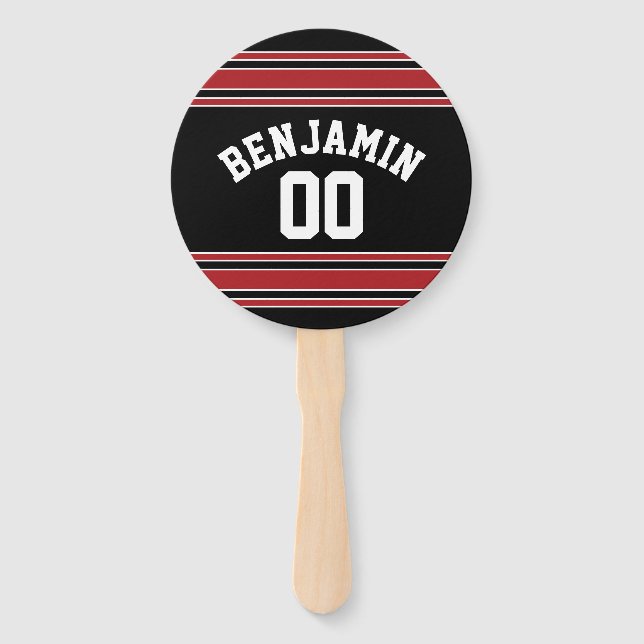 Black and Red Sports Jersey Custom Name Number Hand Fan (Front)