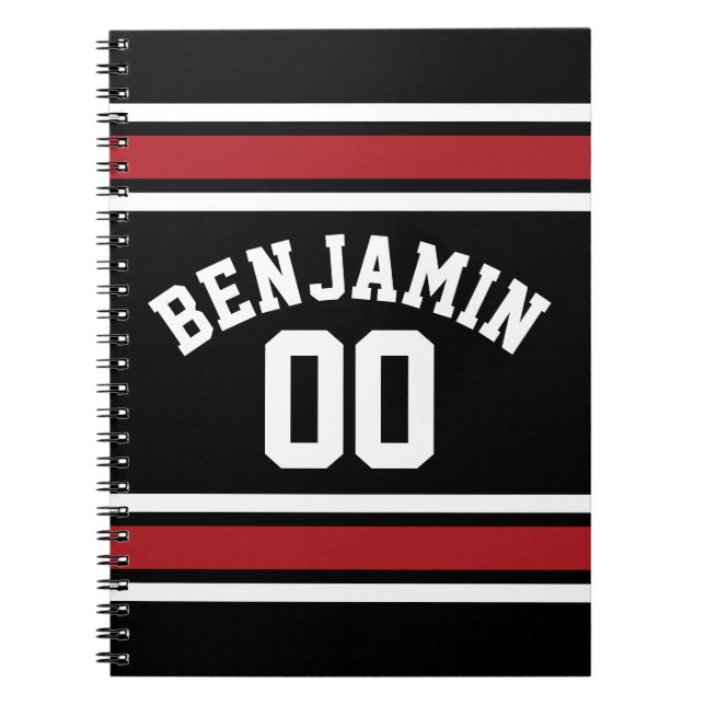 Black and Red Sports Jersey Custom Name Number Notebook (Front)