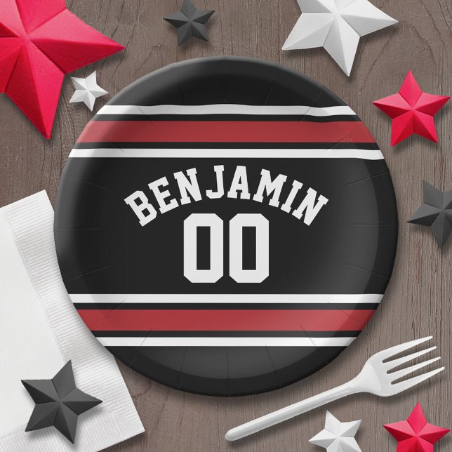 Black and Red Sports Jersey Custom Name Number Paper Plate (Personalized party plates - sports theme for birthday or any occasion)