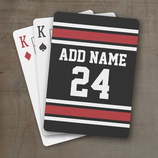 Black and Red Sports Jersey Custom Name Number Playing Cards (Personalized Playing Cards - Sports Jersey Design)