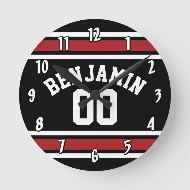 Black and Red Sports Jersey Custom Name Number Round Clock (Front)