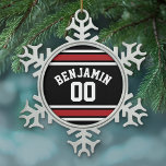 Black and Red Sports Jersey Custom Name Number Snowflake Pewter Christmas Ornament<br><div class="desc">If you are a Fantasy Football team owner,  make your own products and show off to your friends! Or - Do you play High School Football and want a memento? This sports design is perfect for any athlete playing soccer or baseball.</div>