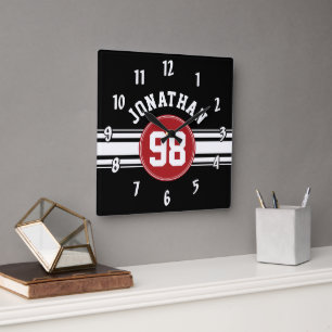 Black and Red Sports Jersey Custom Name Number Square Wall Clock
