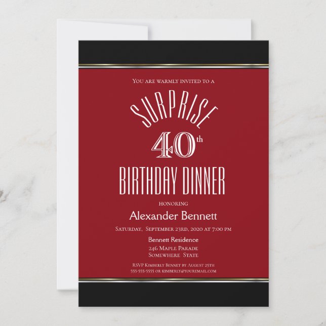 Black and Red Surprise 40th Birthday Dinner Invitation (Front)