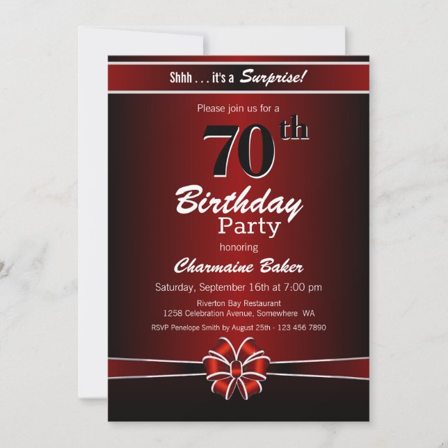 Black and Red Surprise 70th Birthday Party Invitation (Front)