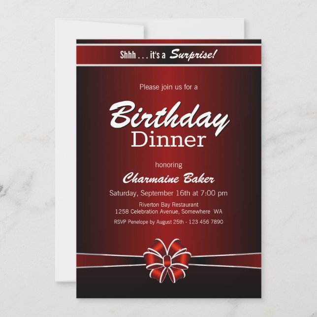 Black and Red Surprise Birthday Dinner Party Invitation (Front)