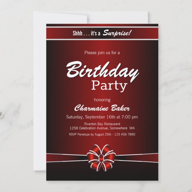 Black and Red Surprise Birthday Party Invitation (Front)