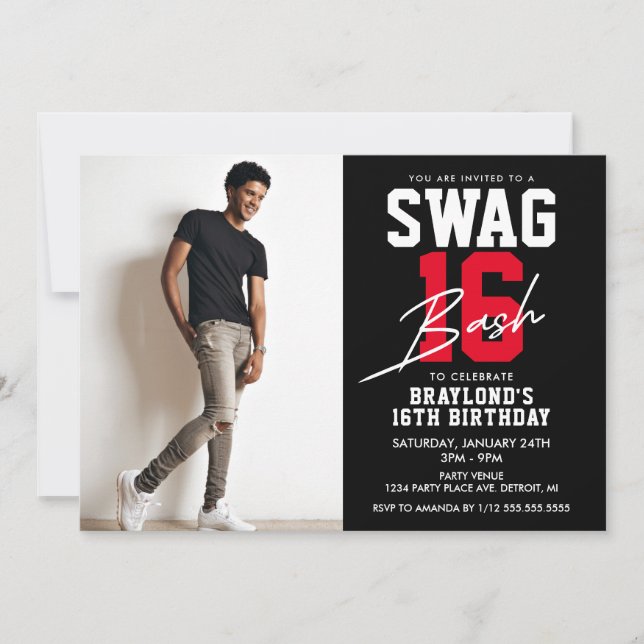 Black and Red Swag 16 Birthday Invitation (Front)