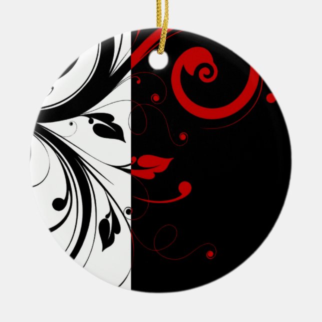 Black and Red Swirly Vines Ceramic Tree Decoration (Front)