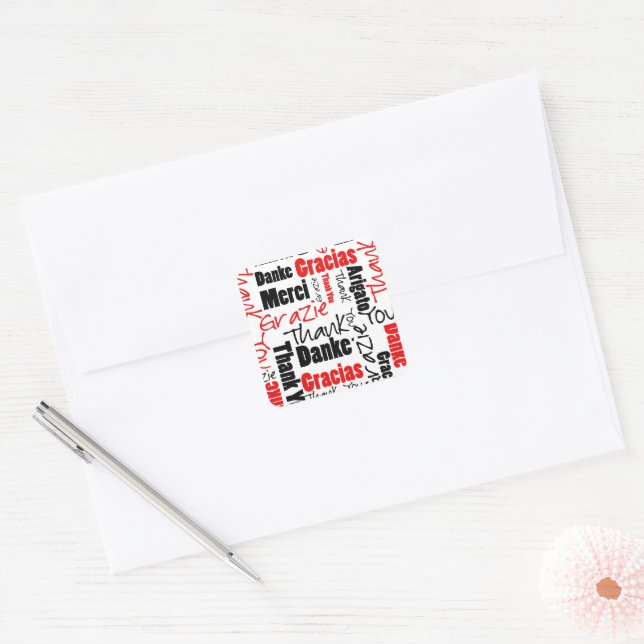 Black and Red Thank You Word Cloud Square Sticker (Envelope)